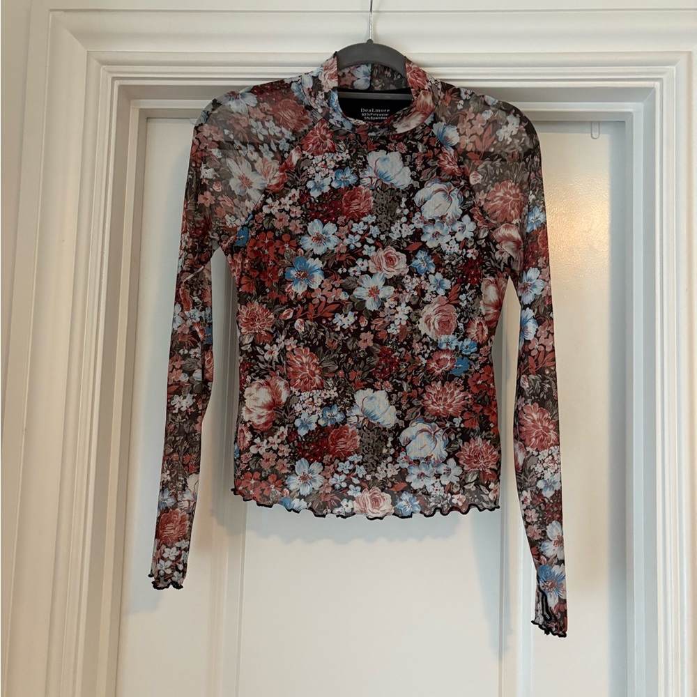 Elegant Floral Long Sleeve Mesh Blouse
